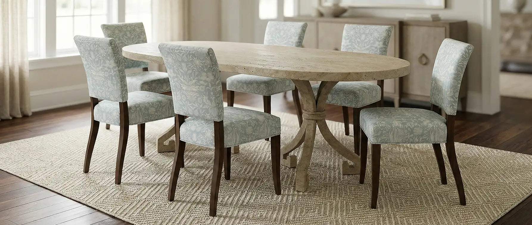 Dining room with a Greek Key table and six upholstered chairs on a beige rug.