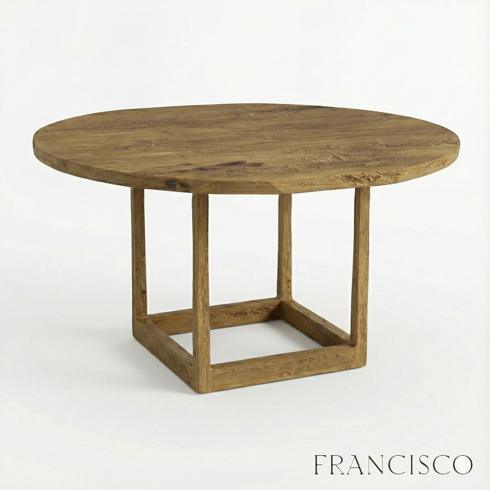 Wooden round table with a minimalist design on a white background, branded 'Francisco'.
