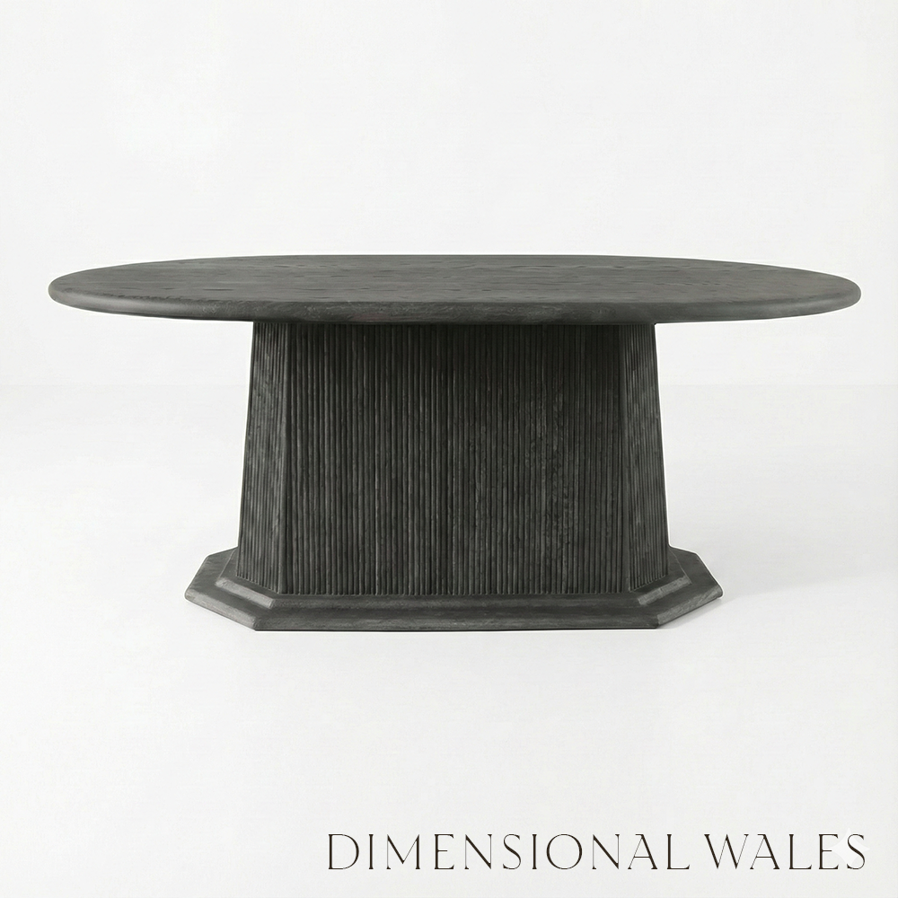 Round wooden table with a textured surface on a white background, branded 'Dimensional Wales'.