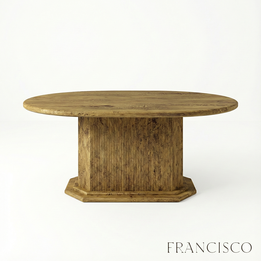Wooden round table with a textured base on a white background, branded 'Francisco'.