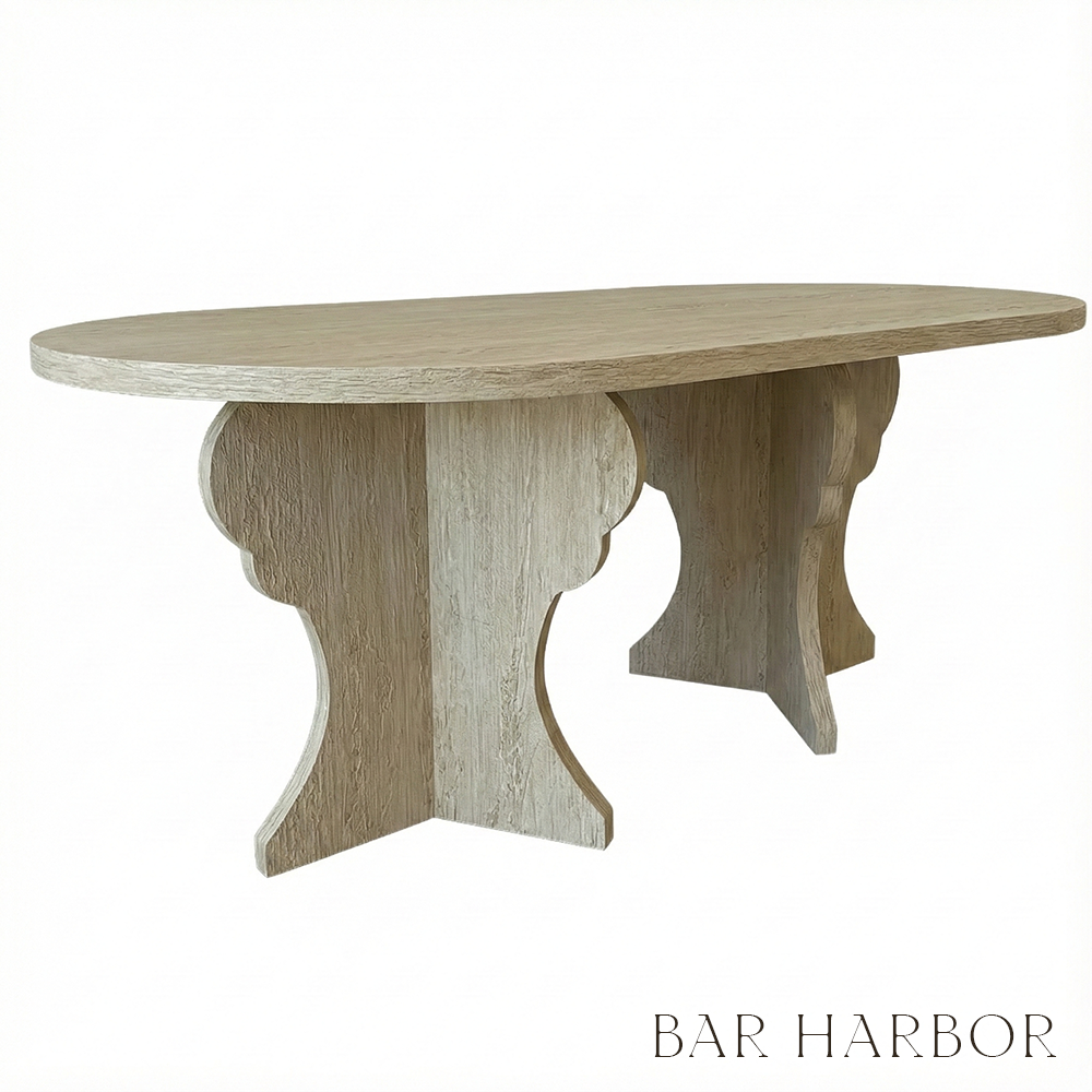 Wooden dining table with a rustic design on a white background, featuring the 'Bar Harbor' brand.