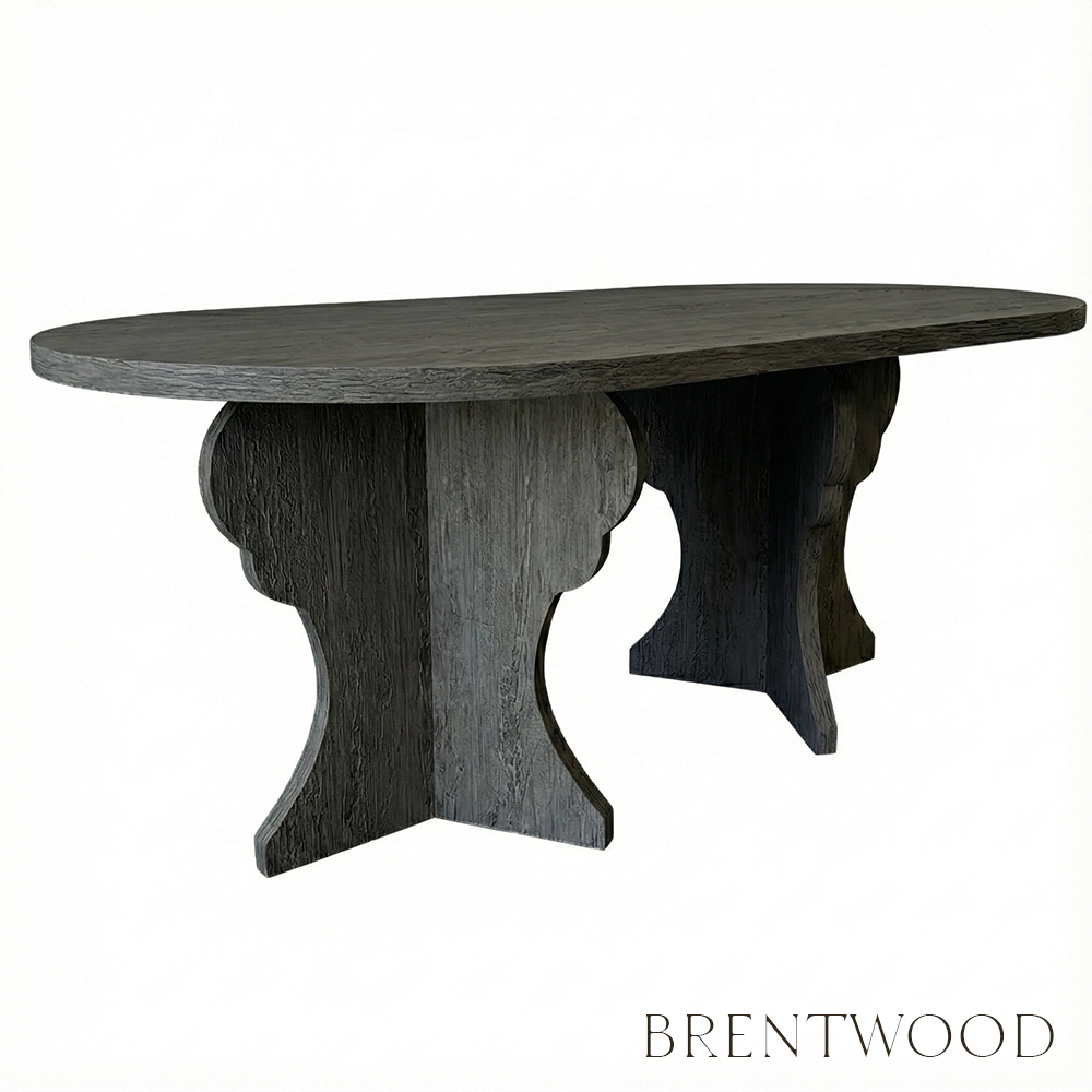 Dark wood dining table with a rustic design on a white background, branded 'Brentwood'.