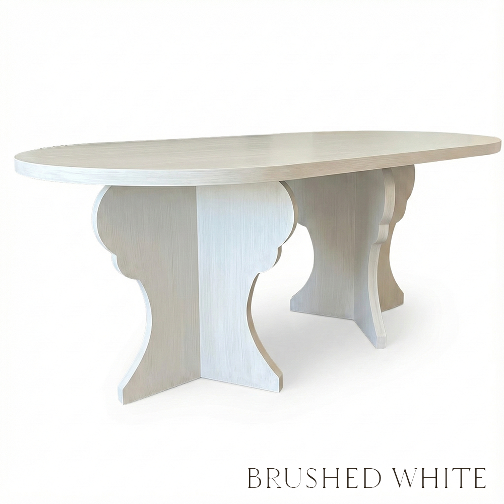 Brushed white dining table on a white background