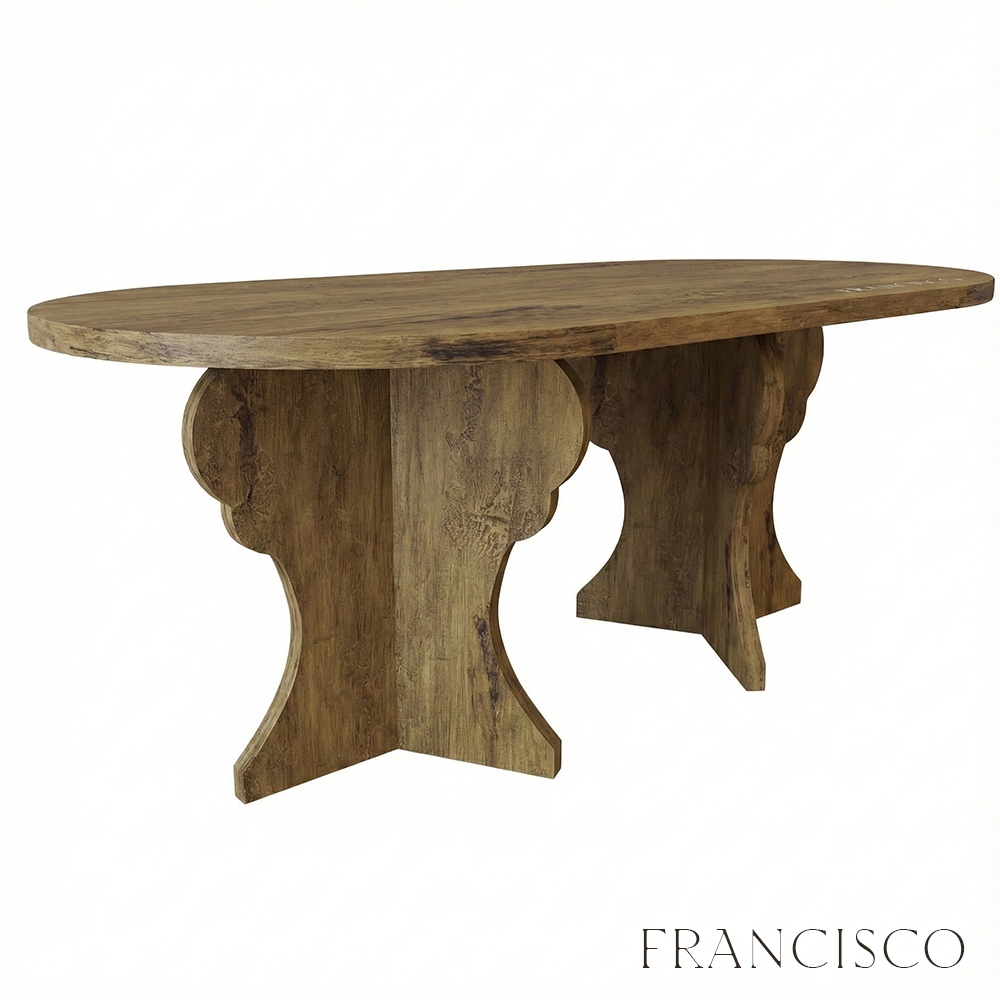 Wooden table with rustic design on a white background, branded 'Francisco'.