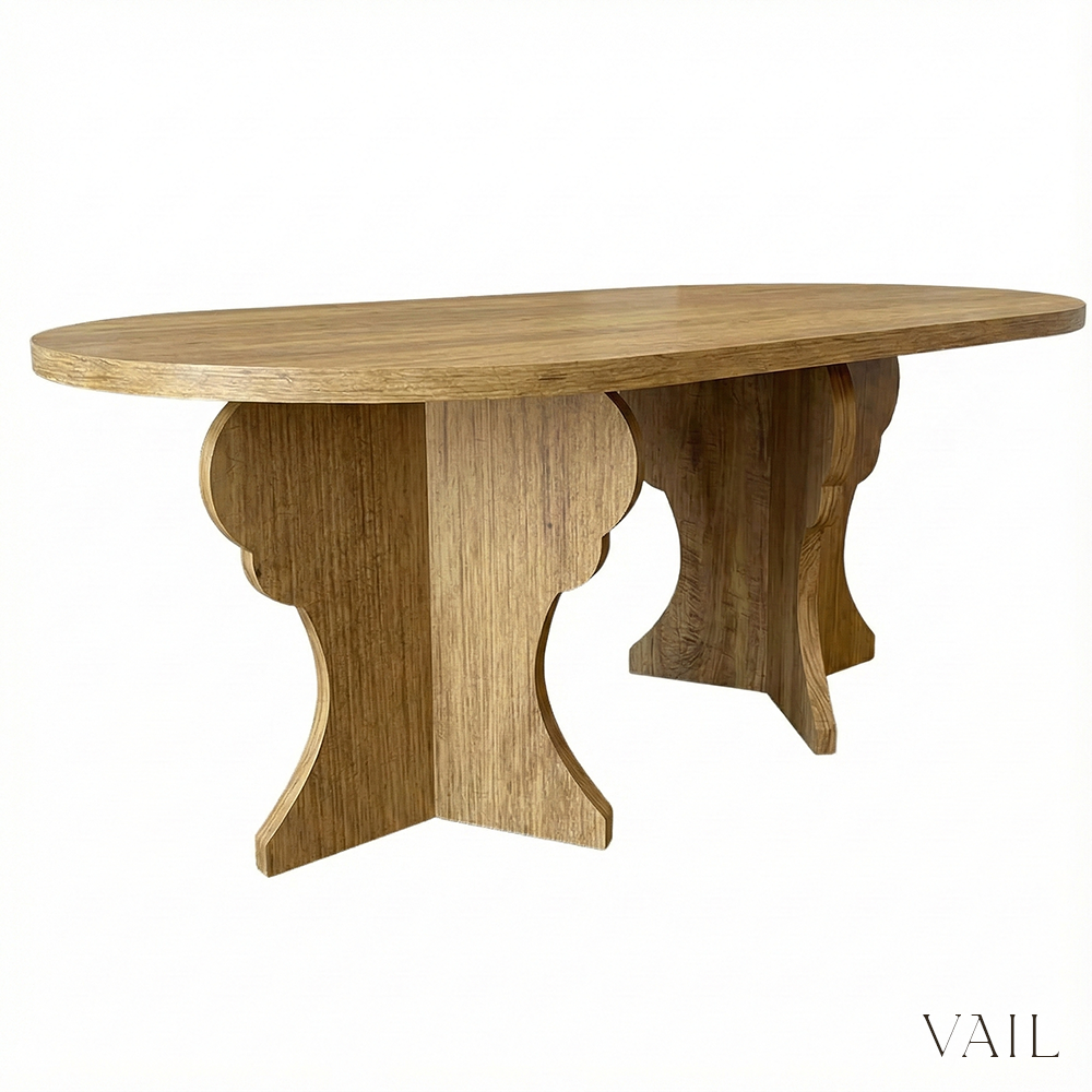 Wooden table with curved legs on a white background, branded 'VAIL'.