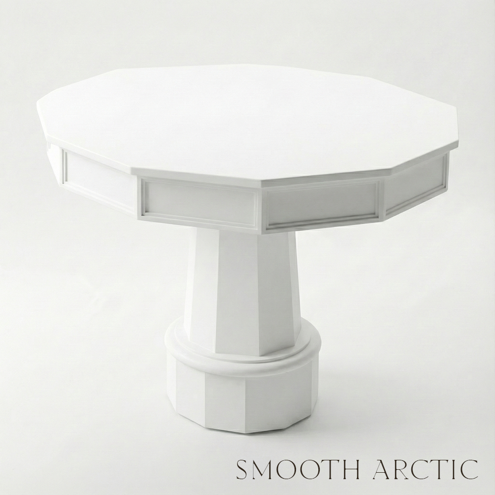 White hexagonal table on a light gray background with 'Smooth Arctic' text.