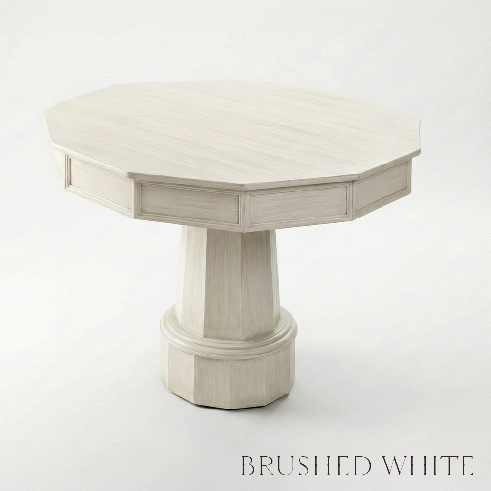 Octagonal table with a textured surface on a white background, labeled 'Brushed White'.