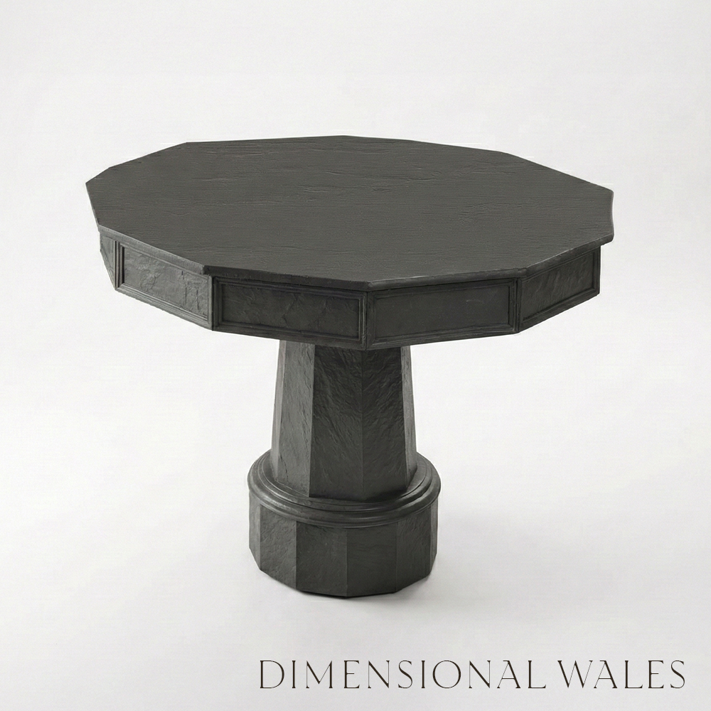 Black octagonal table on a white background with 'Dimensional Wales' branding.