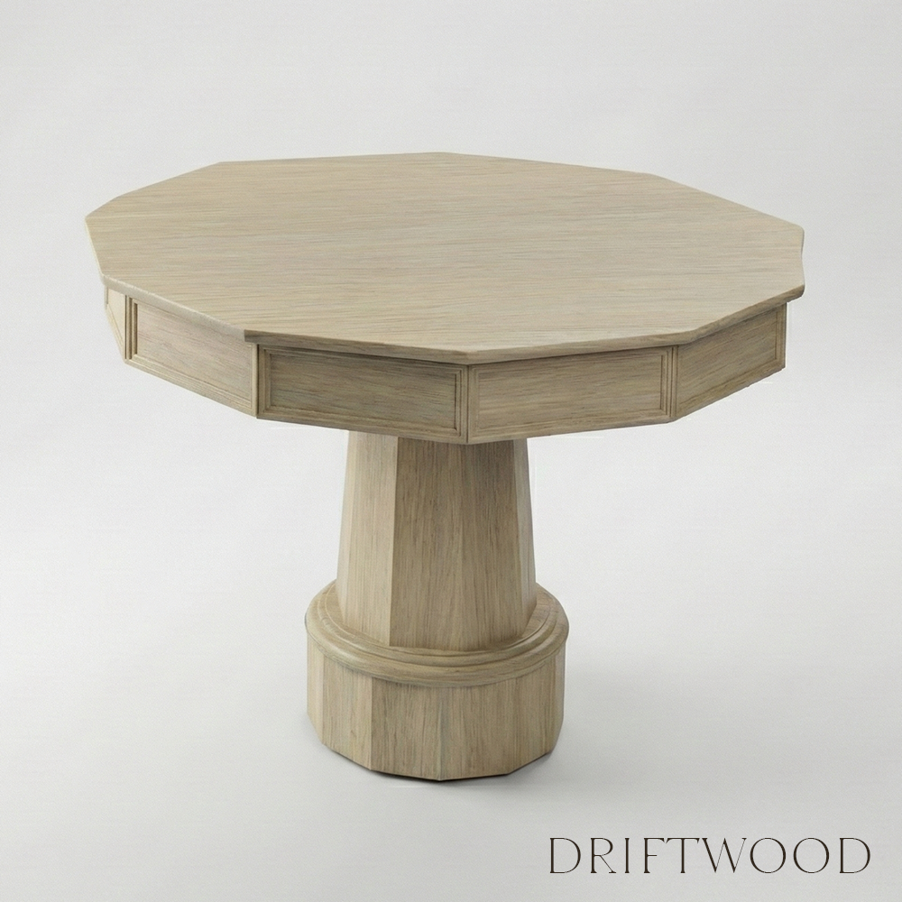 Hexagonal wooden table with aDriftwood finish on a light gray background