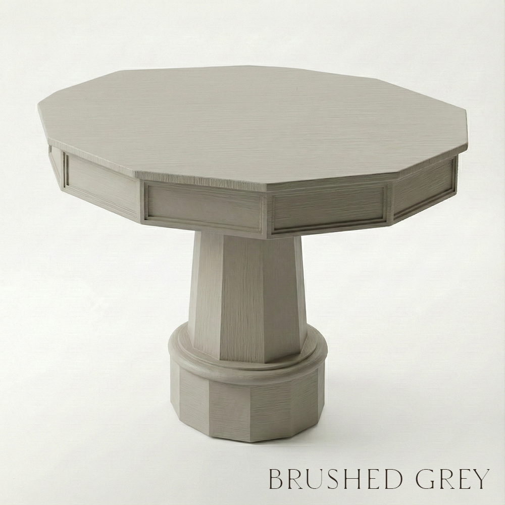 Octagonal table with a textured surface on a white background, labeled 'Brushed Grey'.