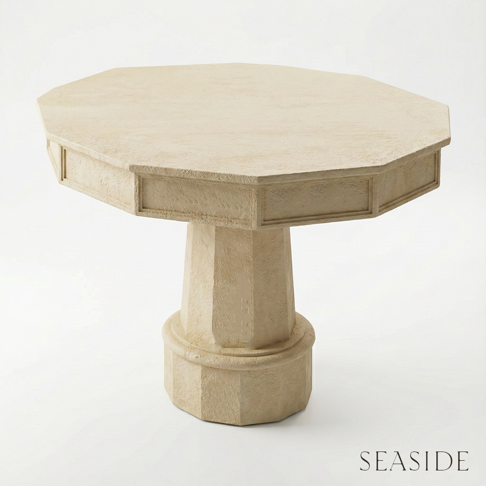 Beige octagonal table on a white background with 'Seaside' text.