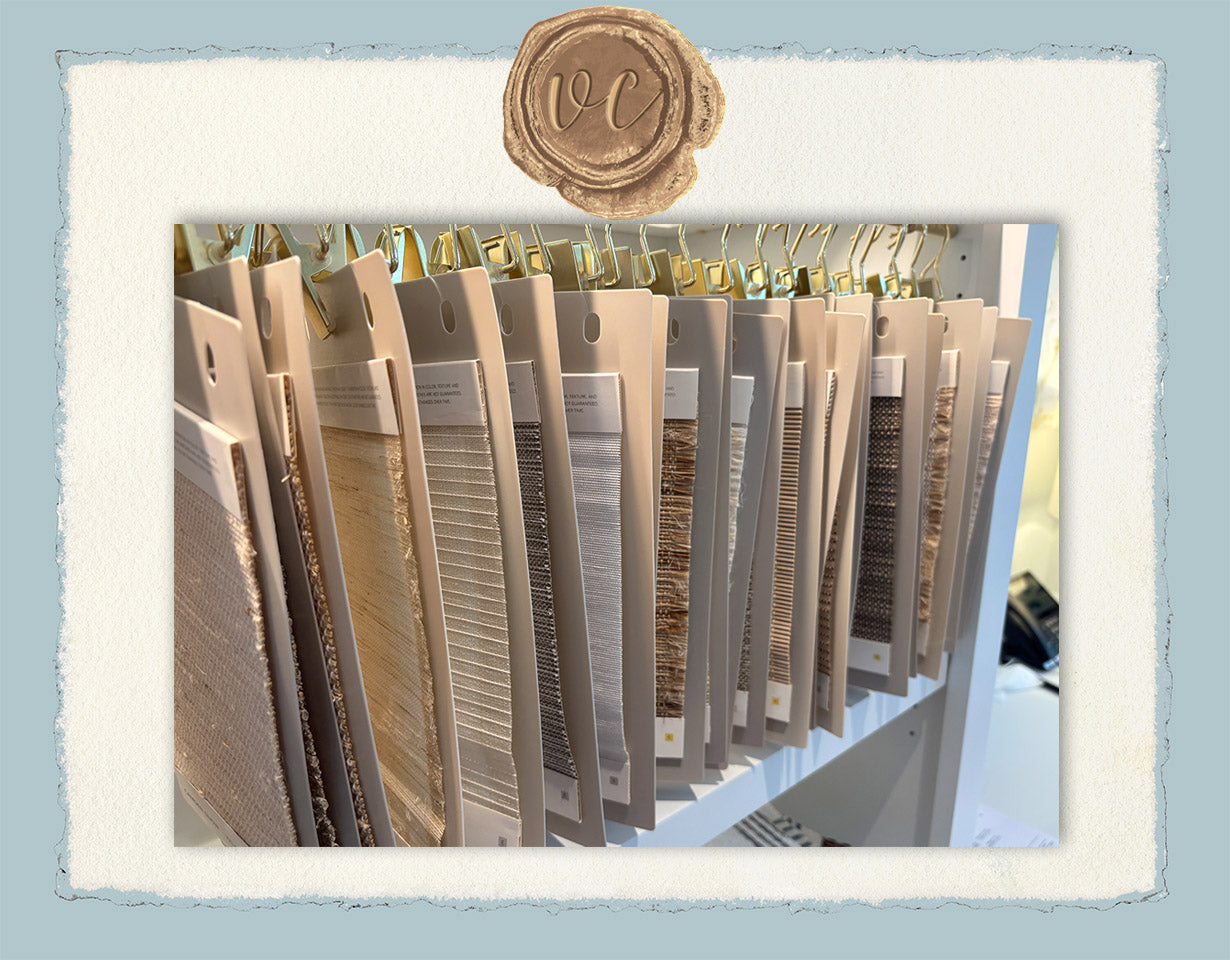 Display of color swatches with a decorative border and logo.