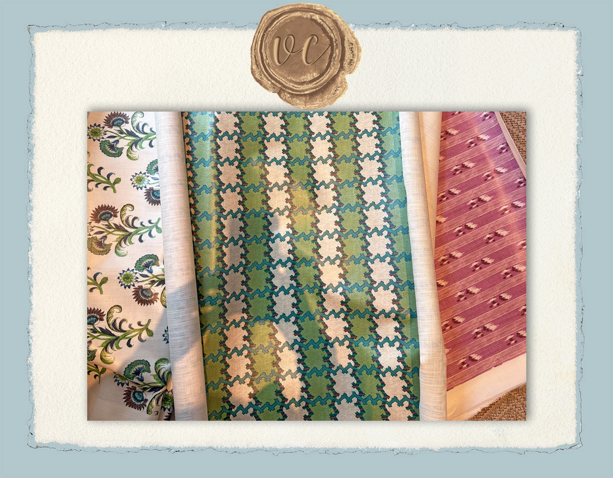 Three fabric swatches with floral, checkered, and striped patterns on a white background.