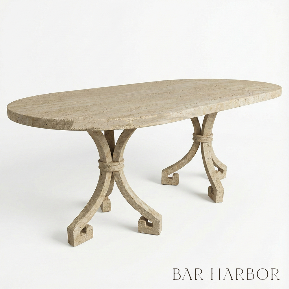 Wooden dining table with decorative legs on a white background, featuring the 'Bar Harbor' brand.