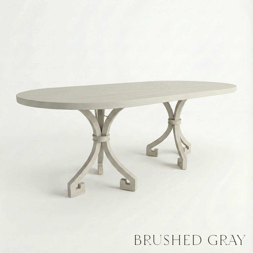 Brushed gray oval table on a white background