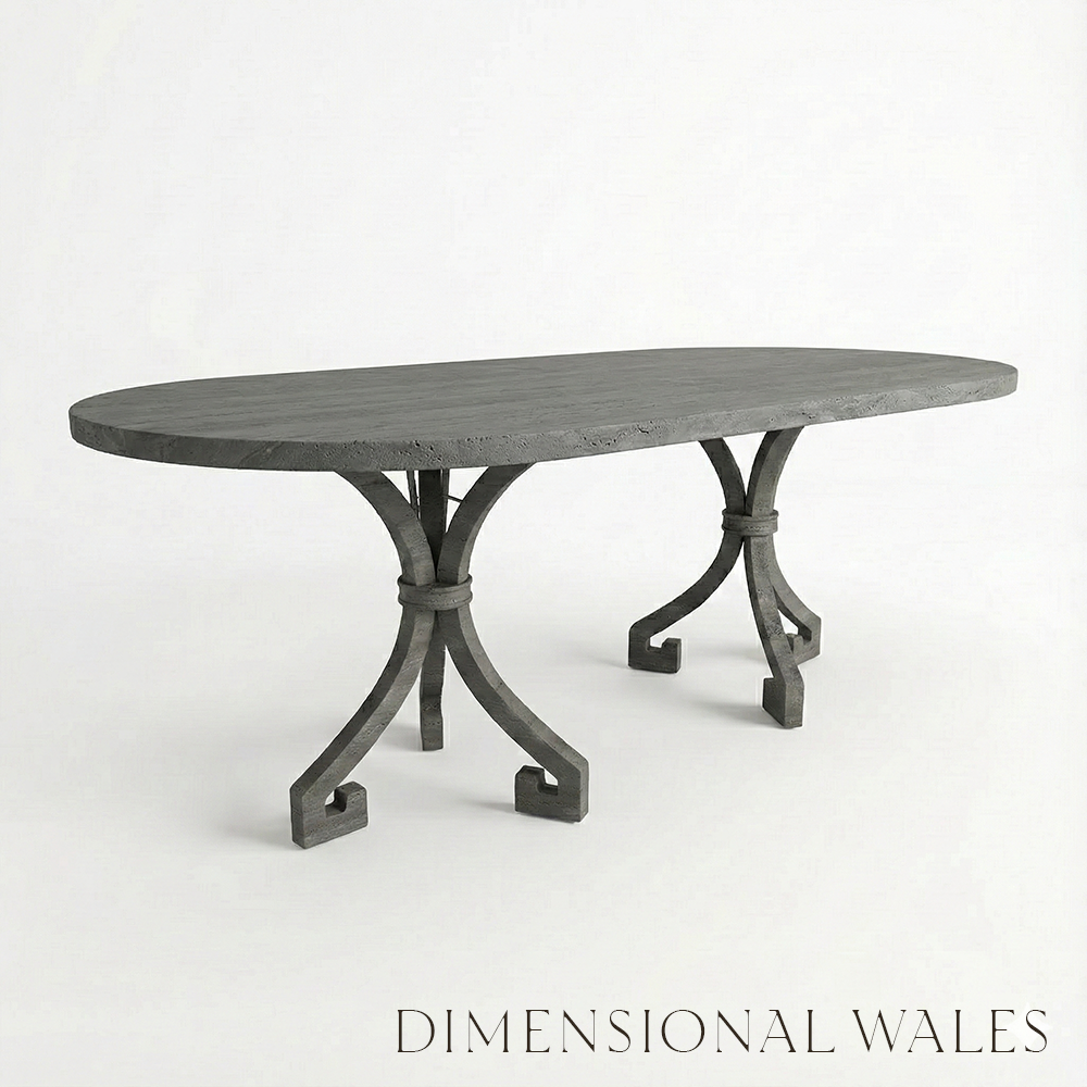 Oval wooden table with metal legs on a white background, branded 'Dimensional Wales'.