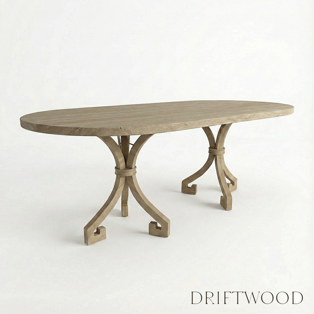 Wooden dining table with a rustic design on a white background, featuring the brand 'Driftwood'.