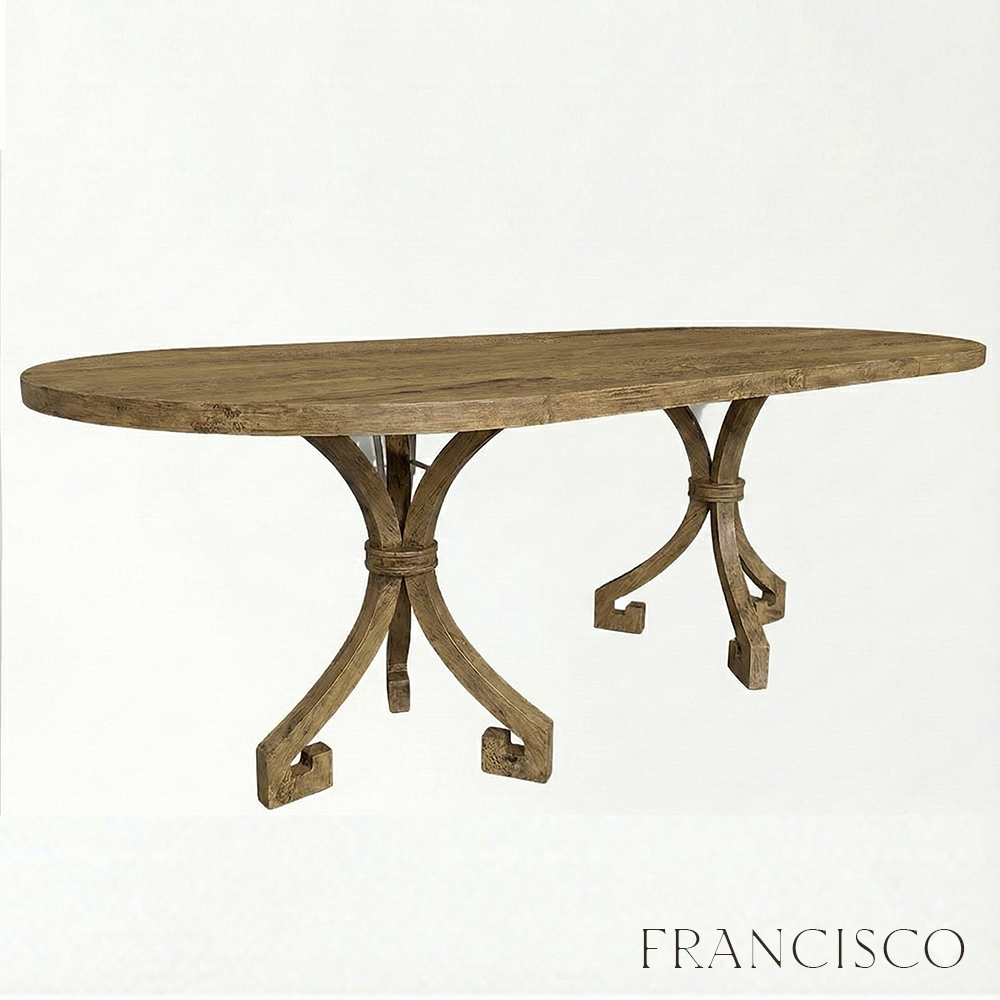 Wooden dining table with intricate legs on a white background, branded 'Francisco'.