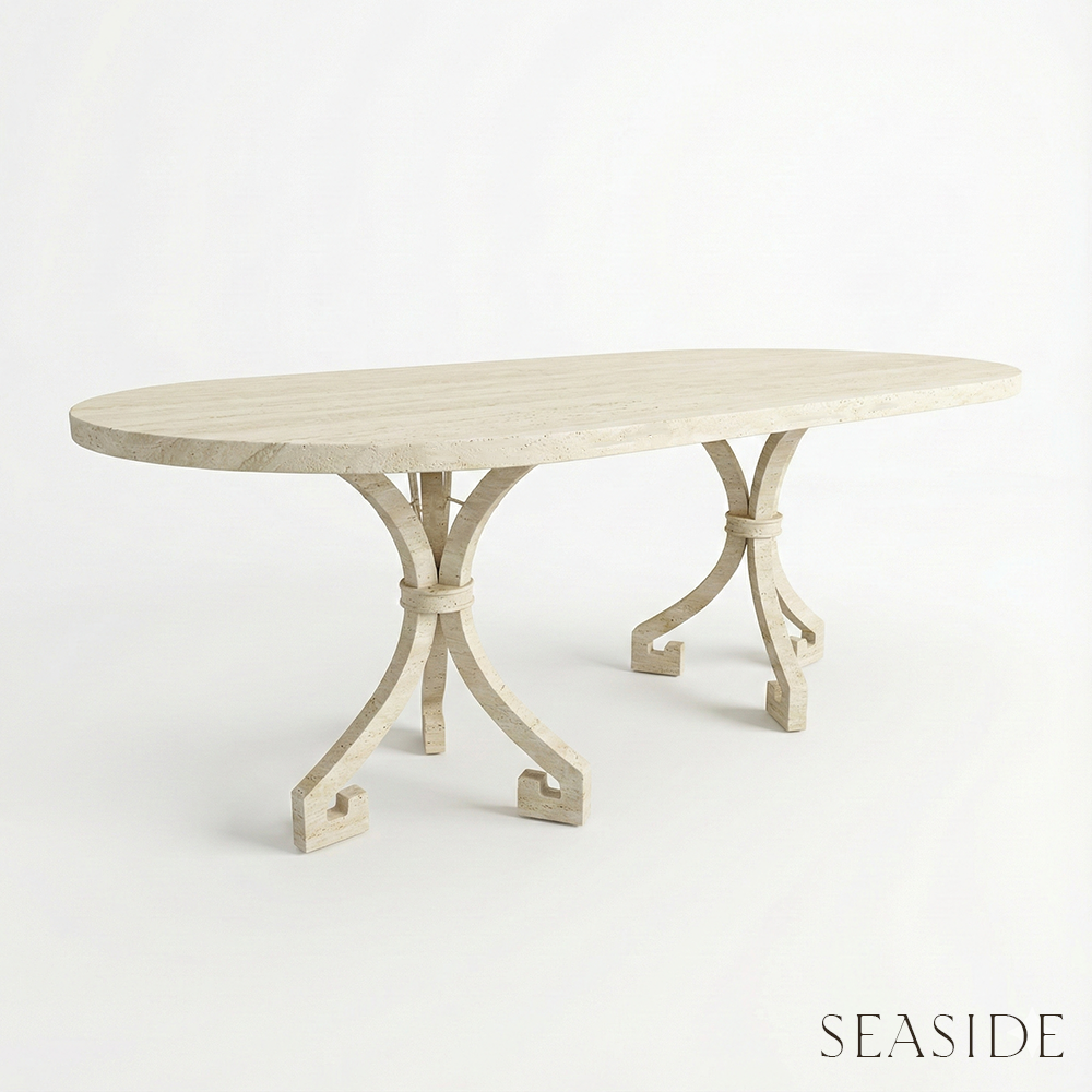 Oval dining table with decorative metal legs on a white background, labeled 'Seaside'.