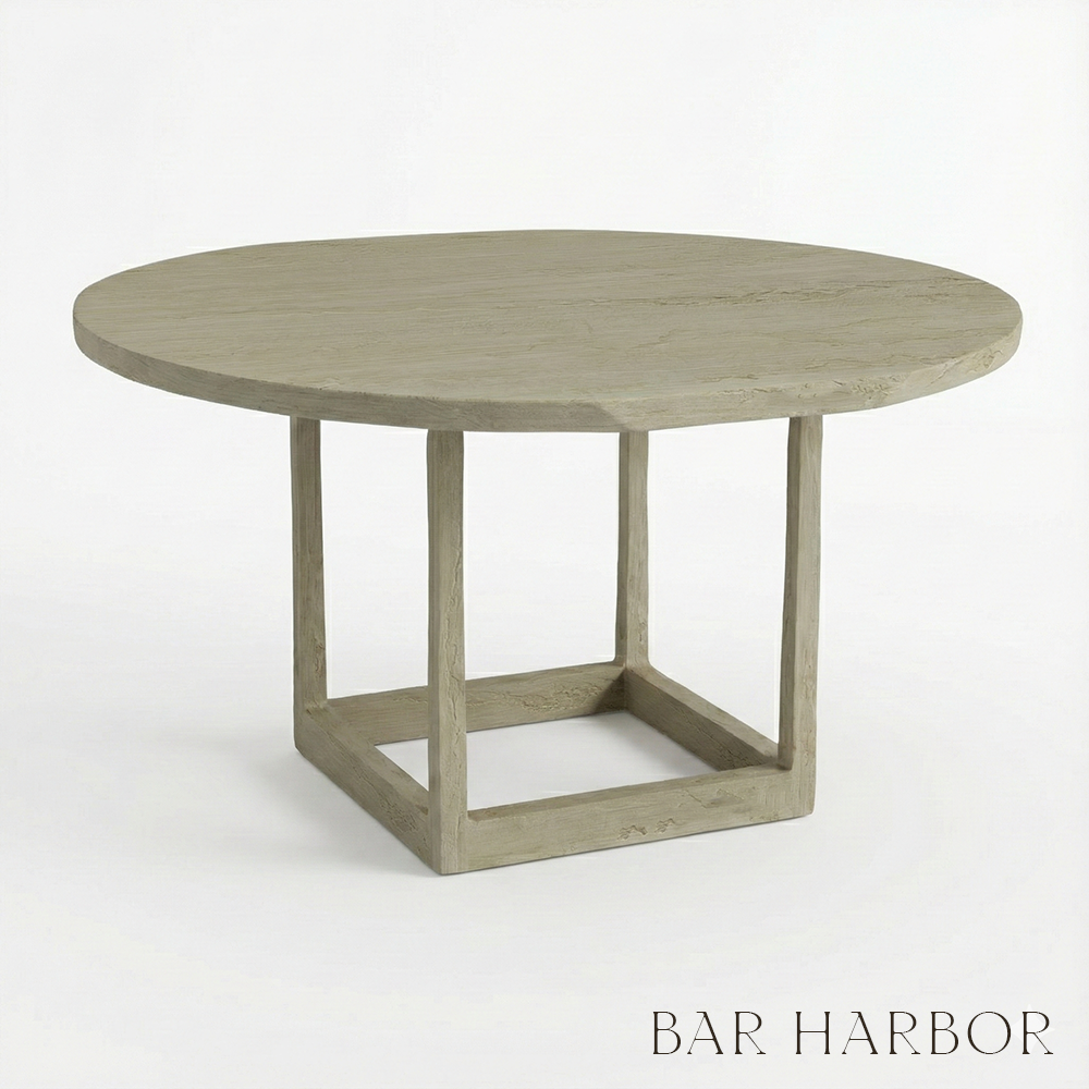 Round wooden table with a light finish on a white background, featuring the 'Bar Harbor' brand.