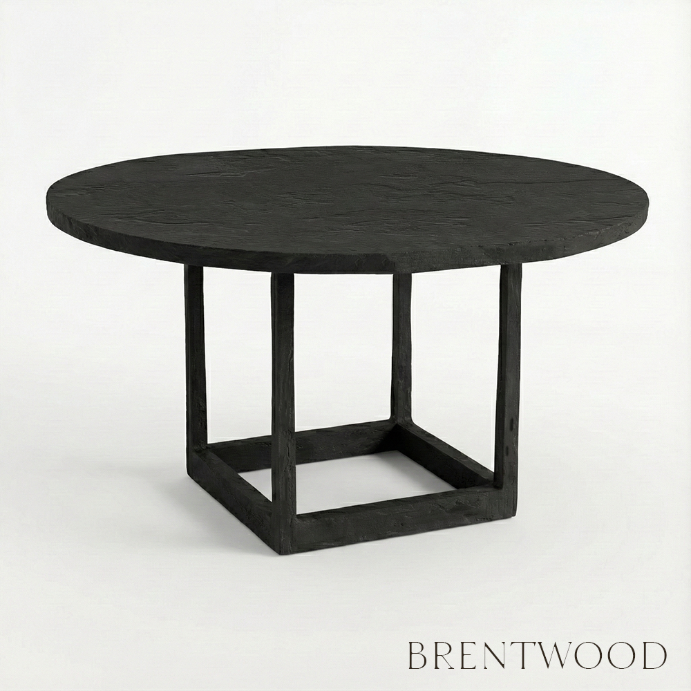 Black round table with a minimalist design on a white background, branded 'Brentwood'.