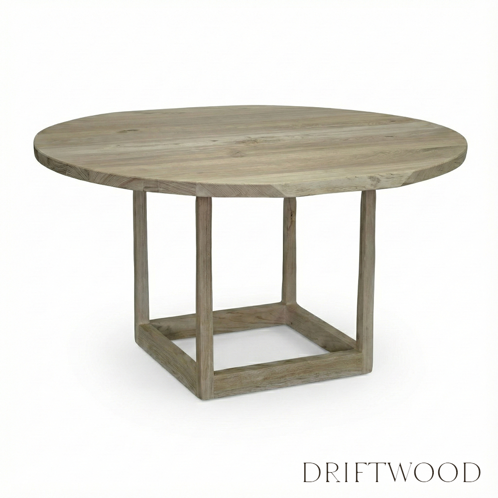 Round wooden table with a driftwood finish on a white background