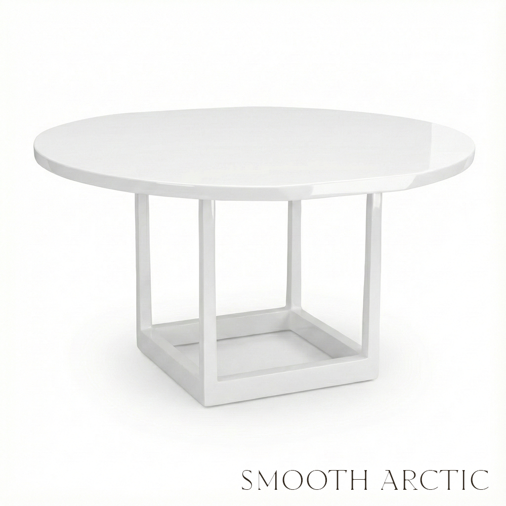 Round white table with a smooth Arctic finish on a white background