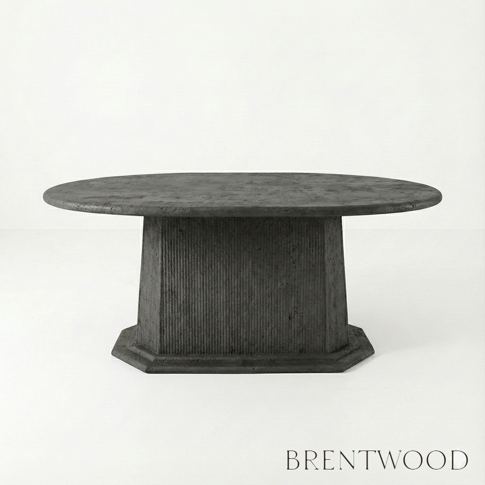 Round dark gray marble table on a white background with 'Brentwood' branding.