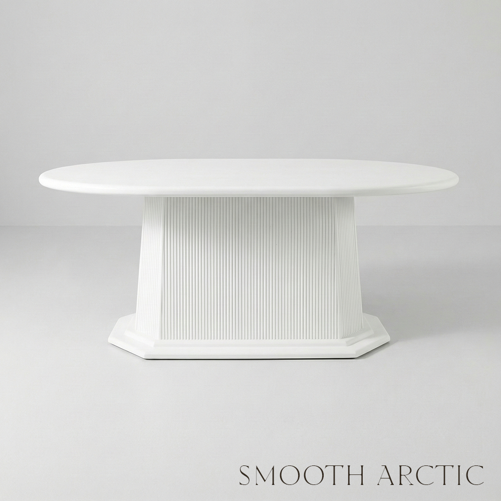 White pedestal table on a gray background with 'Smooth Arctic' text.