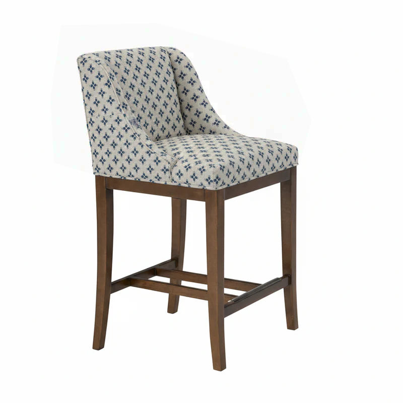 Chair with patterned cushion and wooden frame on a white background