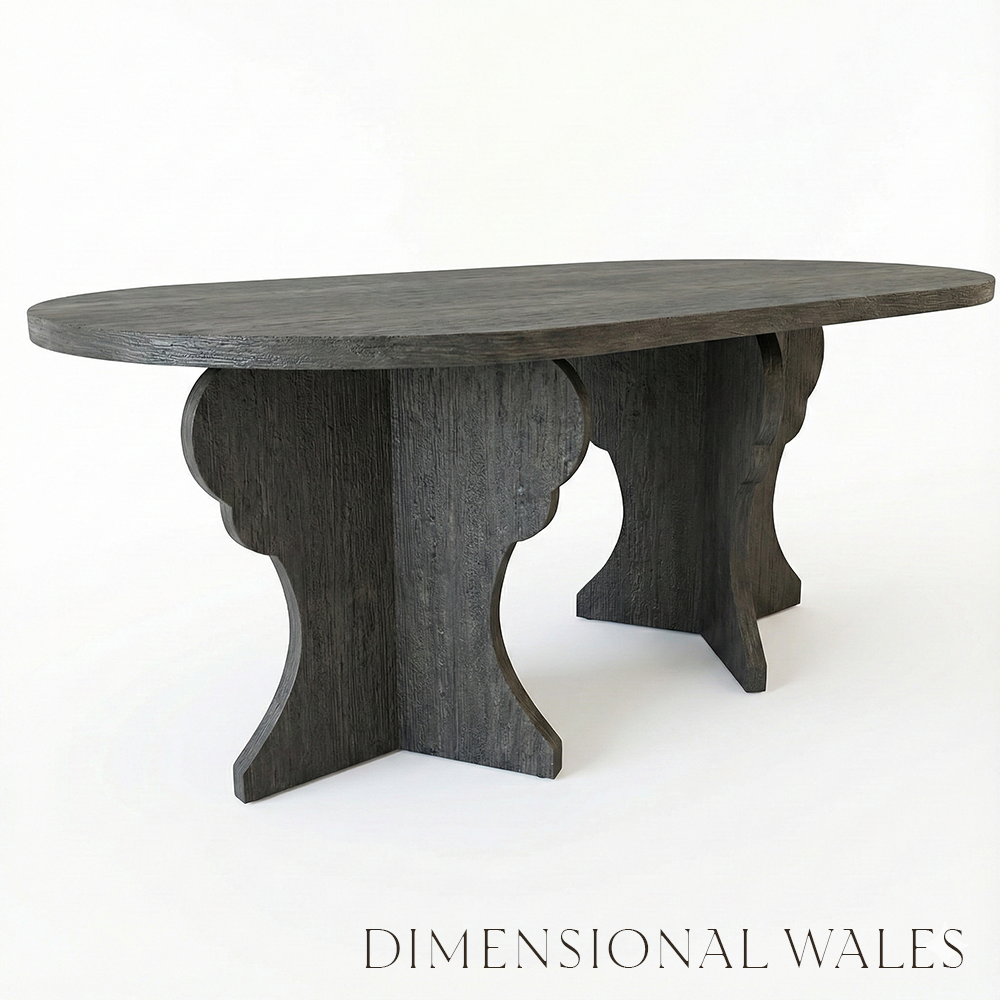 Wooden dining table with a rustic design on a white background, branded 'Dimensional Wales'.