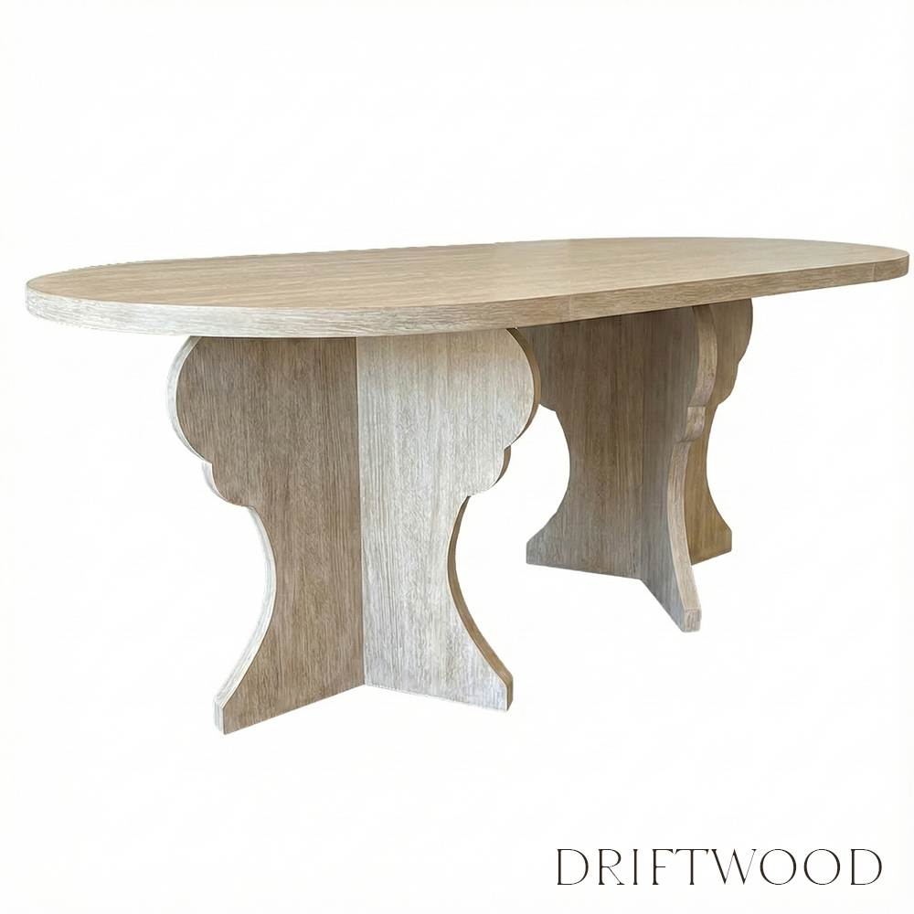 Wooden dining table with a driftwood finish on a white background