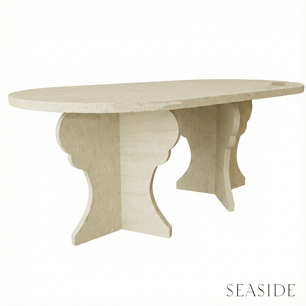Beige dining table with a decorative base on a white background, labeled 'Seaside'.