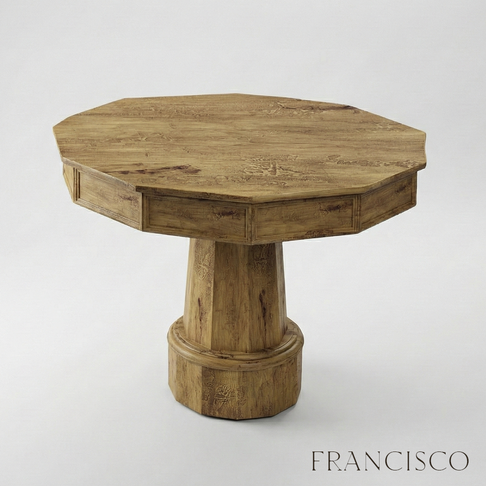 Wooden octagonal table on a light gray background with 'FRANCISCO' branding.
