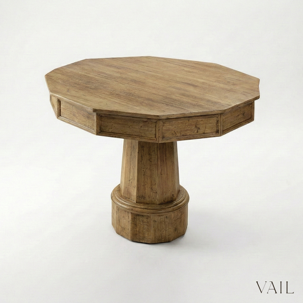 Wooden octagonal table with drawers on a white background, branded 'VAIL'.