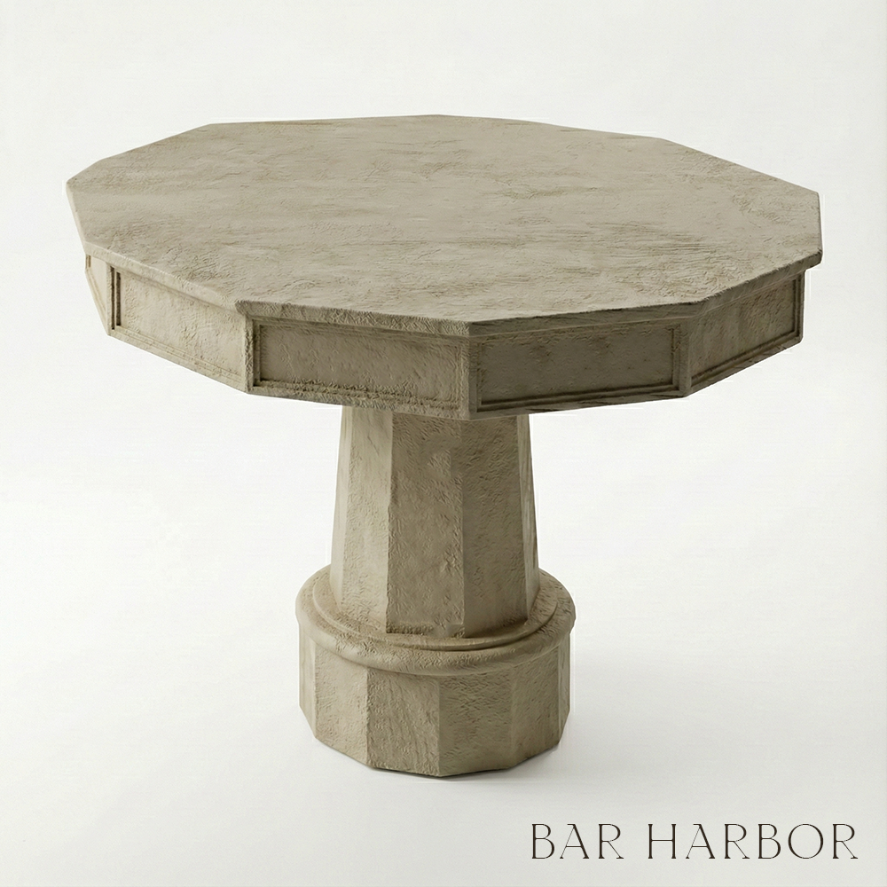 Octagonal wooden table with a pedestal base on a white background, featuring the 'Bar Harbor' brand.