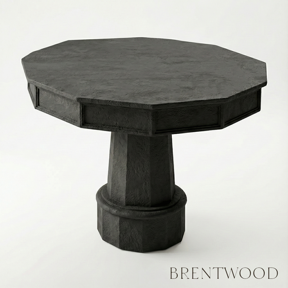 Octagonal dark stone table on a white background with 'Brentwood' branding.
