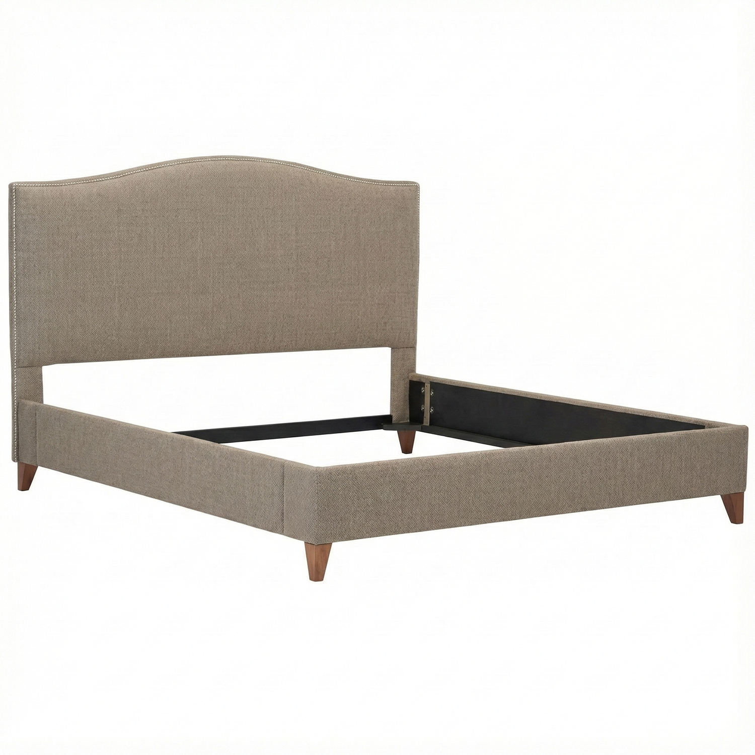 Beige upholstered bed frame on a white background