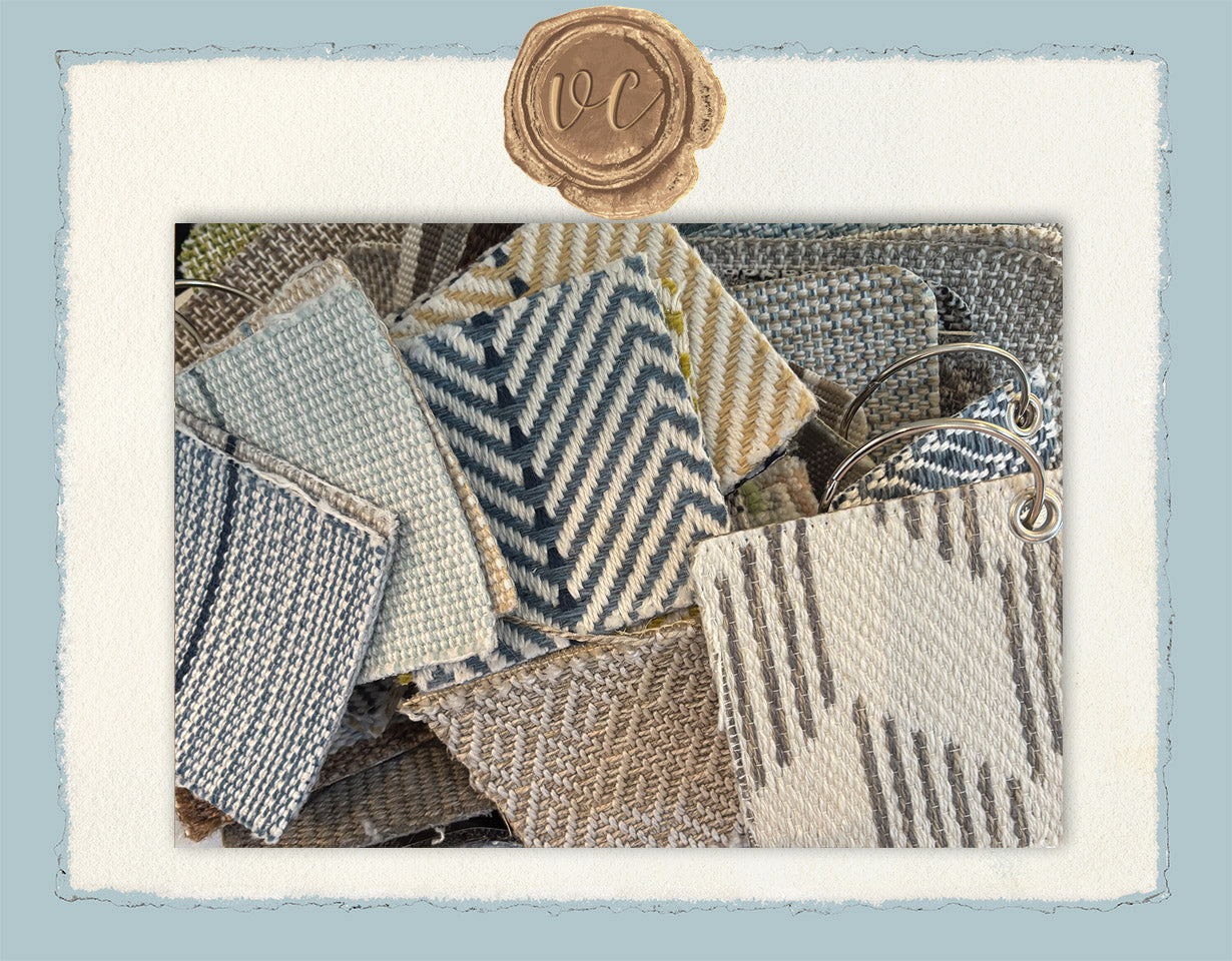Collection of fabric swatches with a textured border and 'VC' logo.