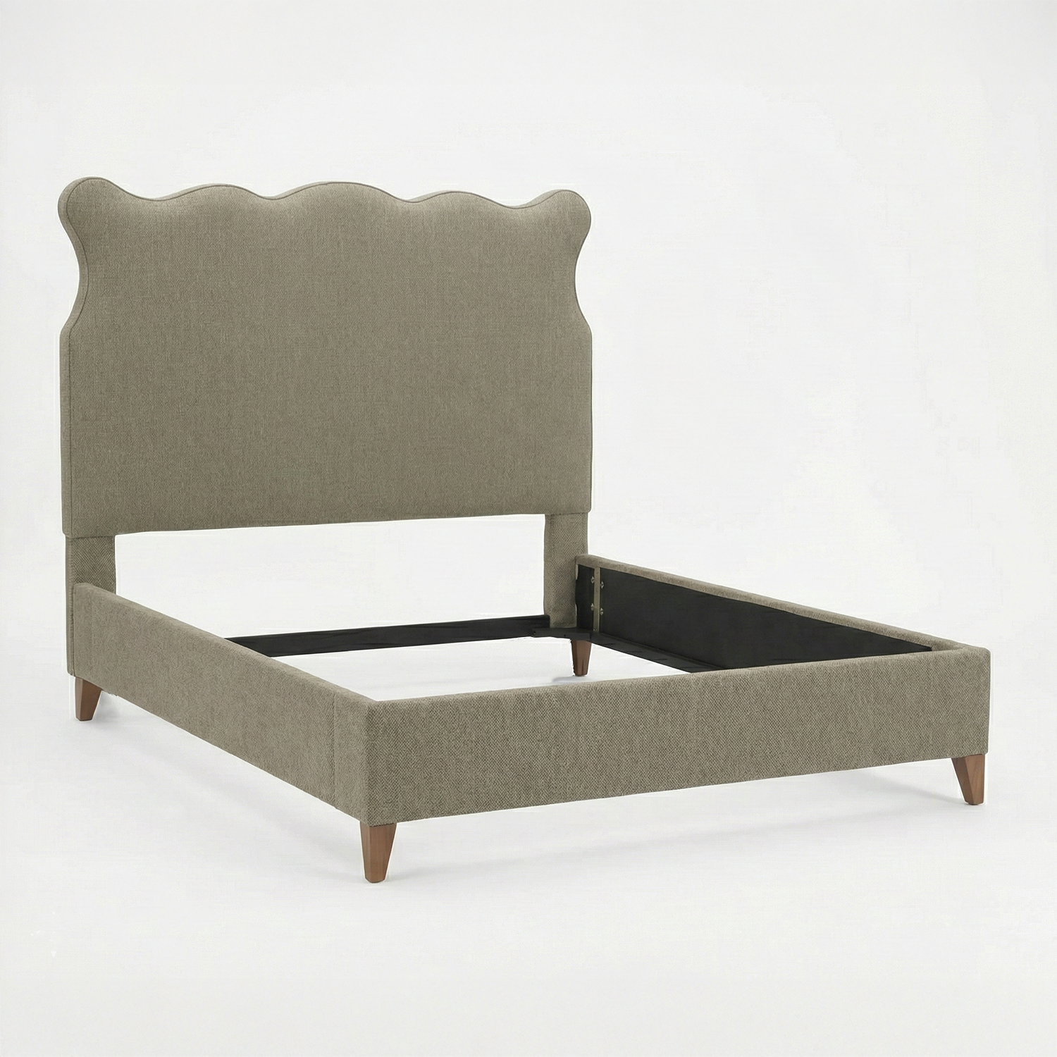 Gray upholstered bed frame on a white background