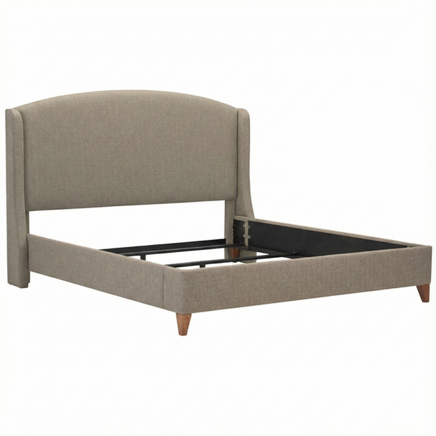 Beige upholstered bed frame on a white background