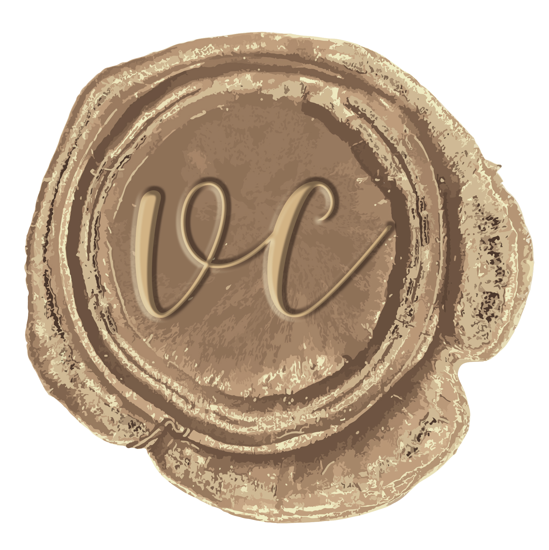 Wax seal with 'vc' initials on a white background