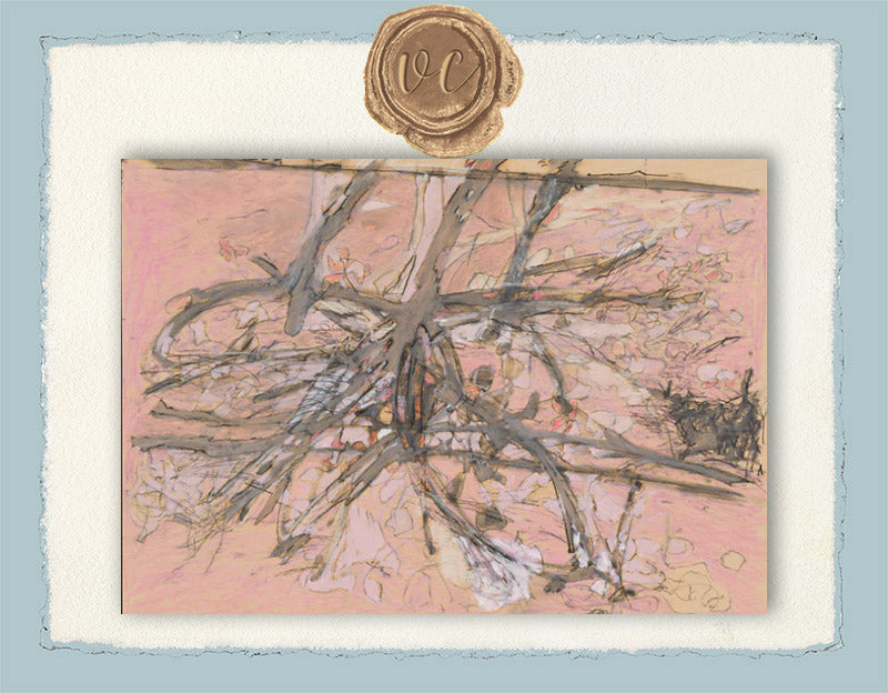 Artistic depiction of branches on a textured pink background with a wax seal in the corner.